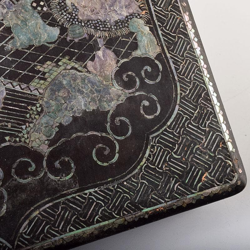 さき　中国　黒漆　螺鈿装飾山水人物文　硯箱　硯　墨　水滴一式　GR8428