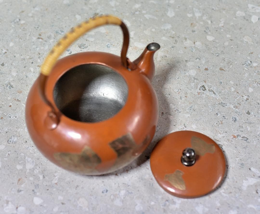 玉川堂、鎚起銅器、葉分茶器揃（7点）　銅器　共箱／茶道具