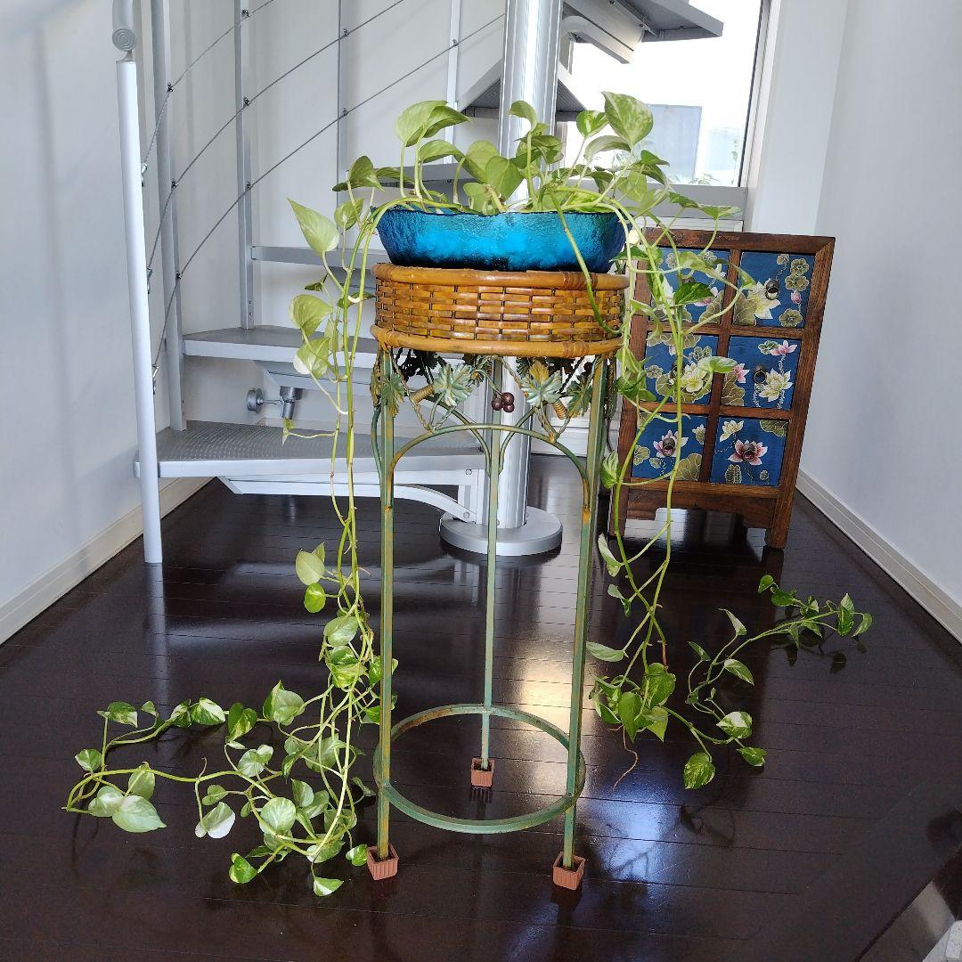 アンティーク ラタンとアイアンのフラワースタンド