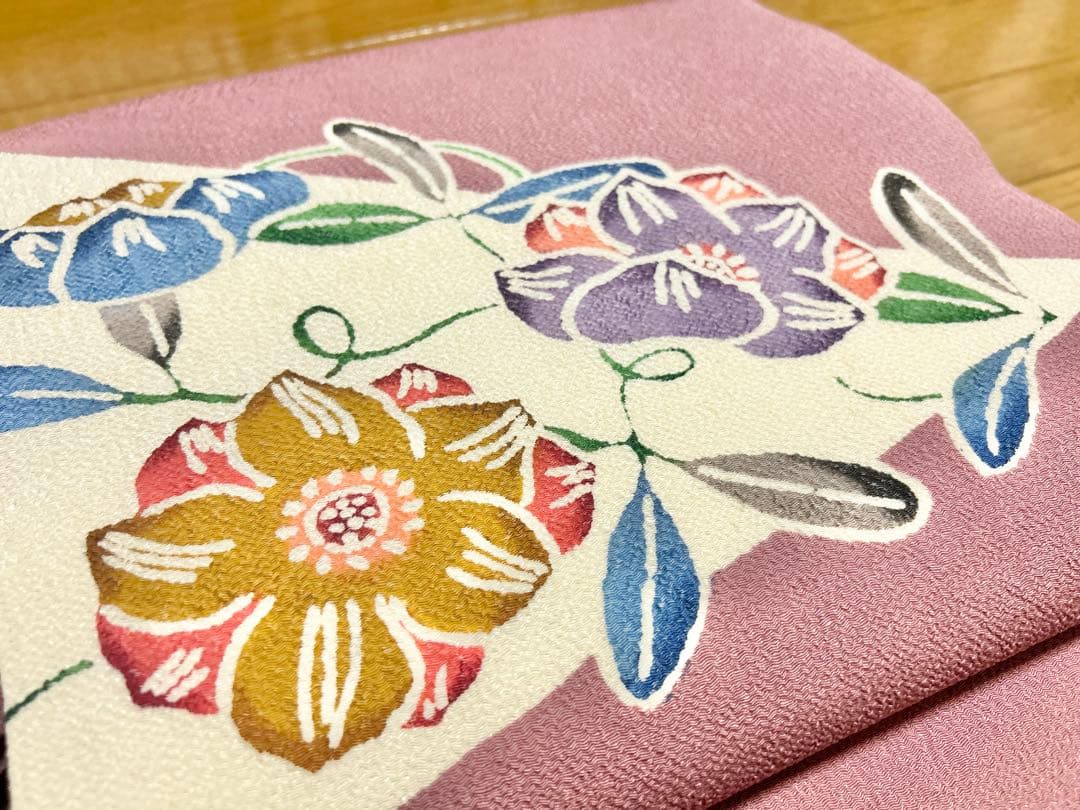 本場琉球紅型染 名古屋帯 正絹 縮緬 中古 ピンク 薄赤紫 上質 yzk742