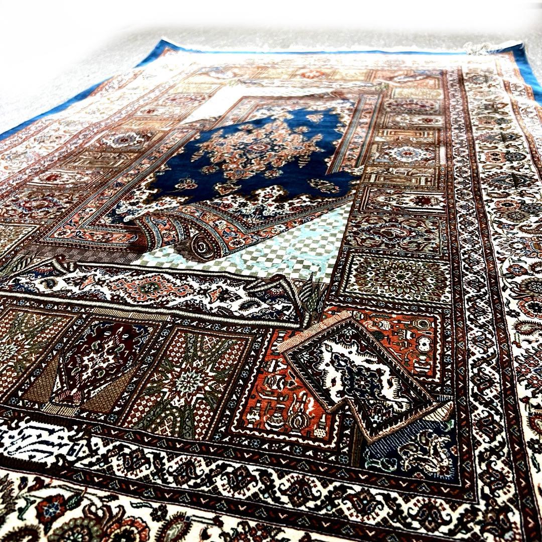 【ペルシャ絨毯】最高級 ジャムシディ クム産 シルク 本物 手織り 高密度 青色