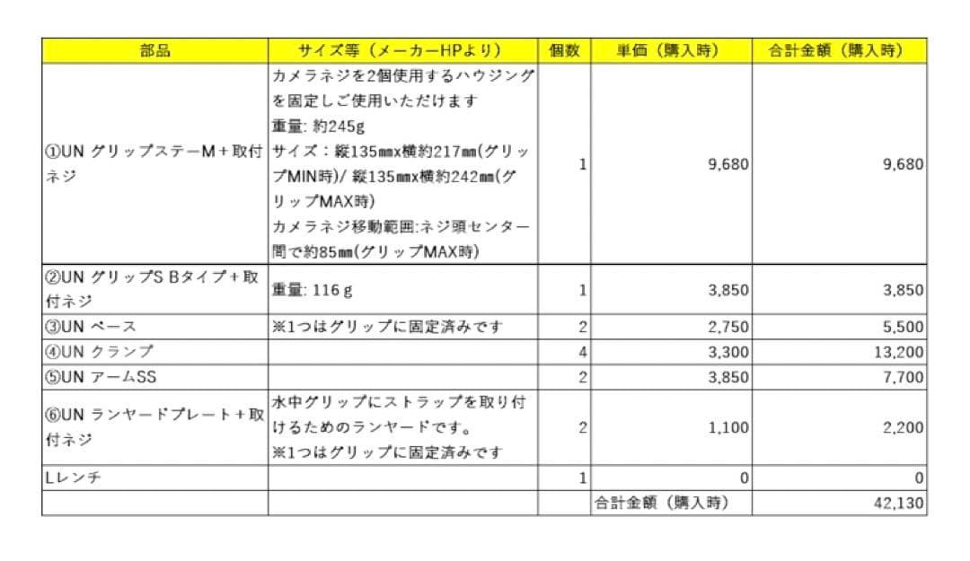 UN 水中カメラハウジング用 アームシステム一式