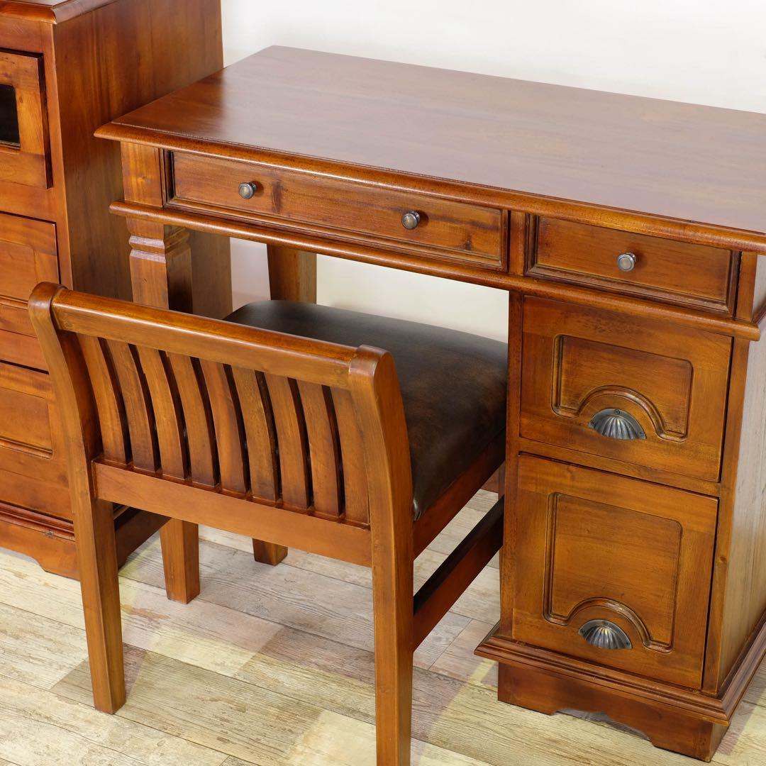 E 新品 アジアン デスク アンティーク 書斎 カフェ 勉強机 机 学習机 木製