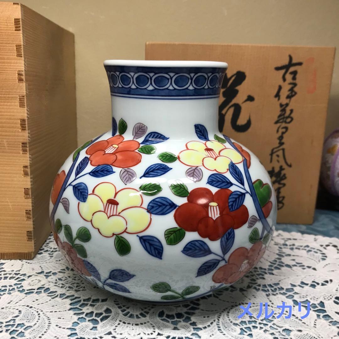 源右衛門窯　古伊万里風椿絵　花瓶　木箱入　美品