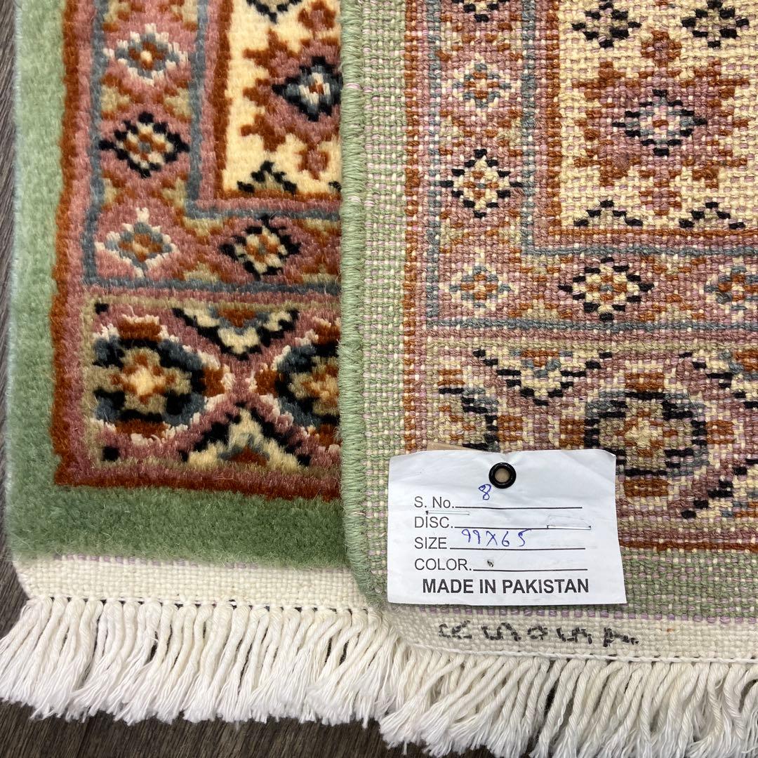 99x65cmパキスタン手織り絨毯ライトグリーンの色合い玄関マット