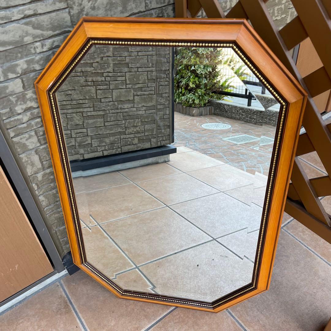 アンティーク調 イタリア製 8角 壁掛けミラー 鏡 木製額縁 ウォールミラー