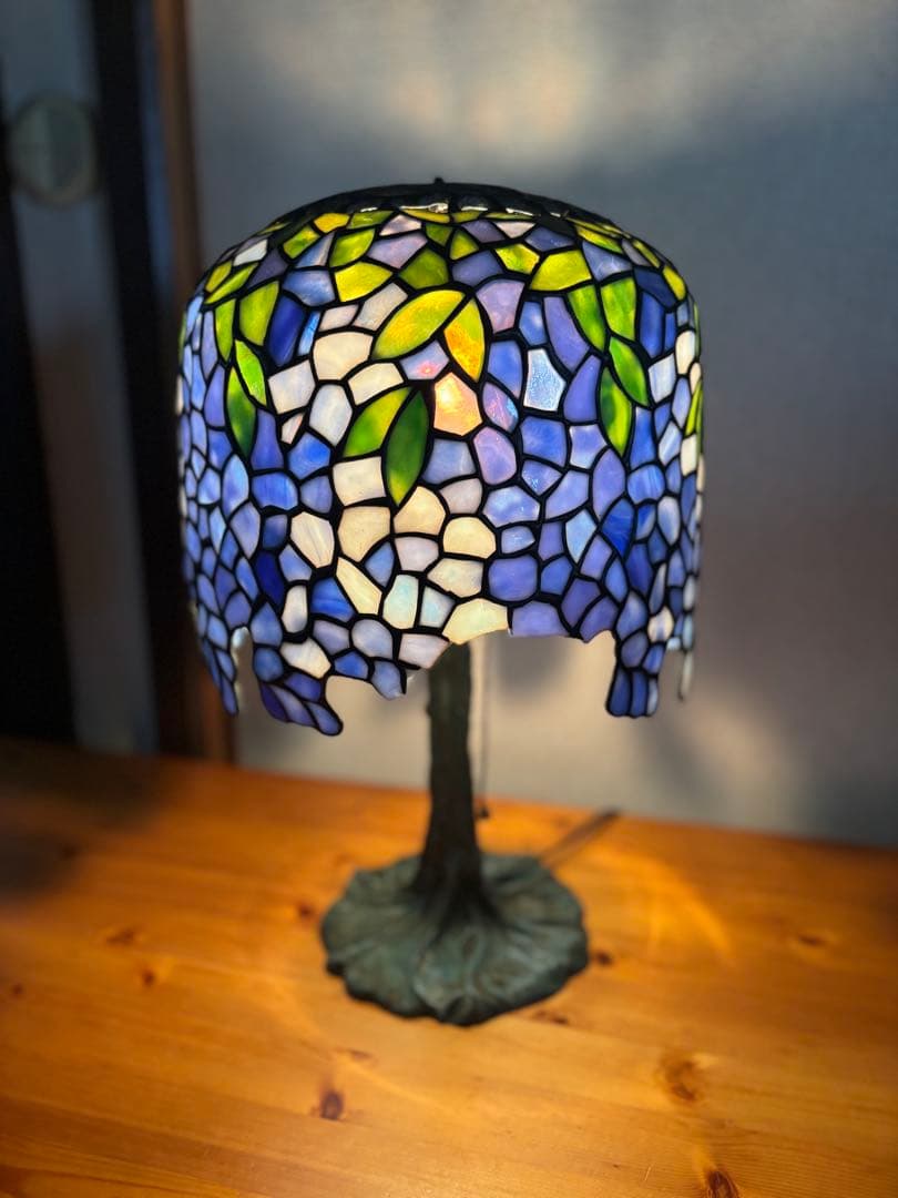 細密ステンドグラス テーブルランプ 藤棚 ブルー系　 アンティーク昭和レトロ