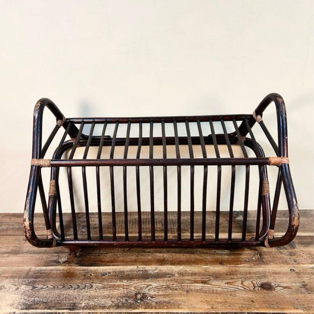 アンティーク ラタン ローテーブル 籐 ガラス天板 ヴィンテージ 小ぶり