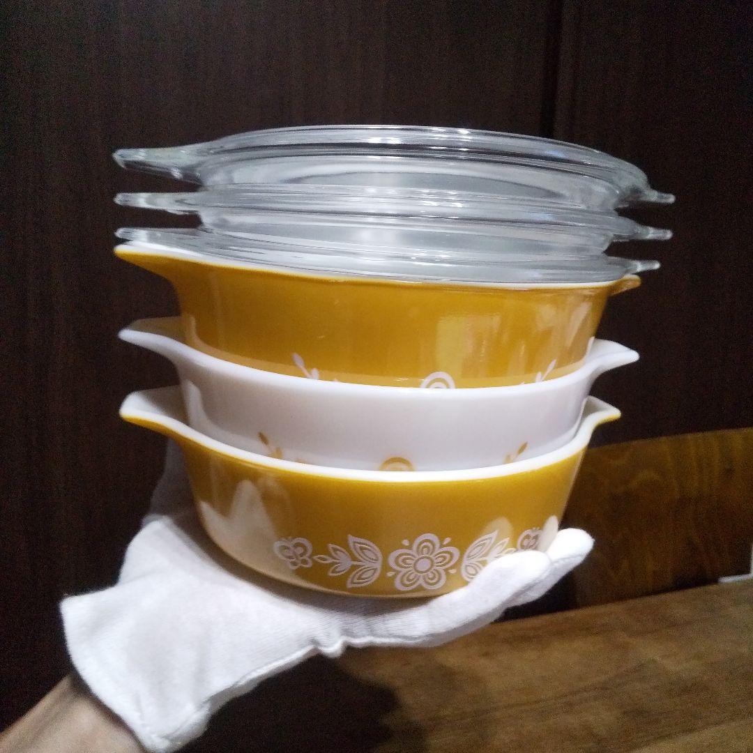 6点 極美品 高さ3サイズ オールドパイレックス キャセロールバタフライゴールド