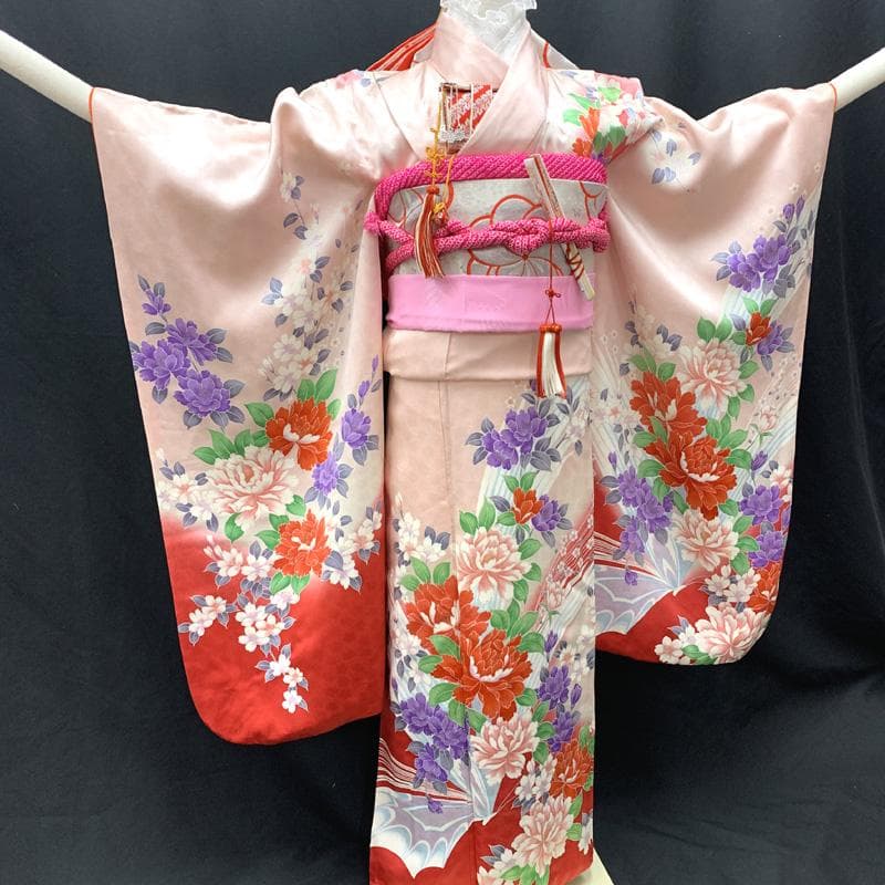 601ag30□七五三 七歳 女児 着物&袋帯 牡丹 桜□状態良好