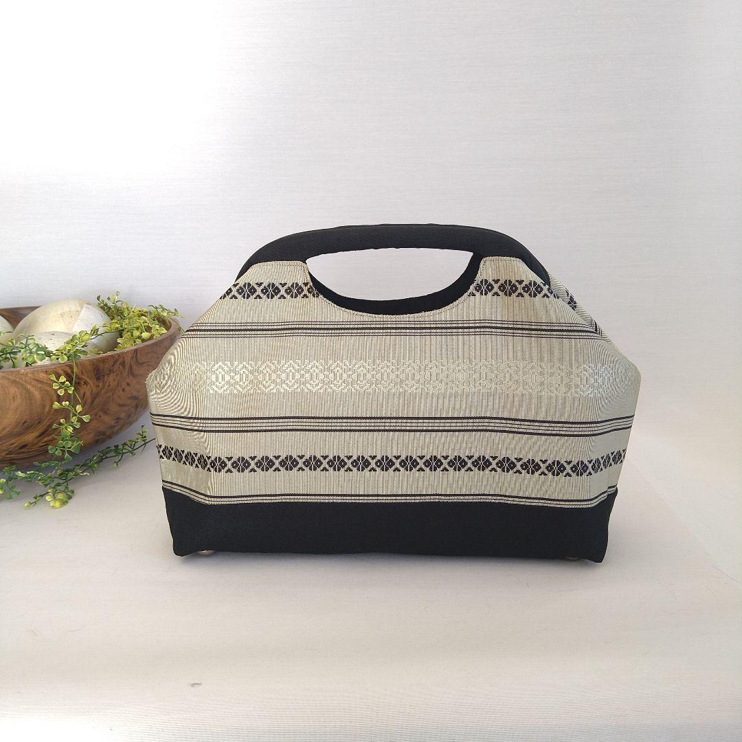 博多献上柄帯リメイク スモーキーグリーン✕黒　バネハンドルバッグ