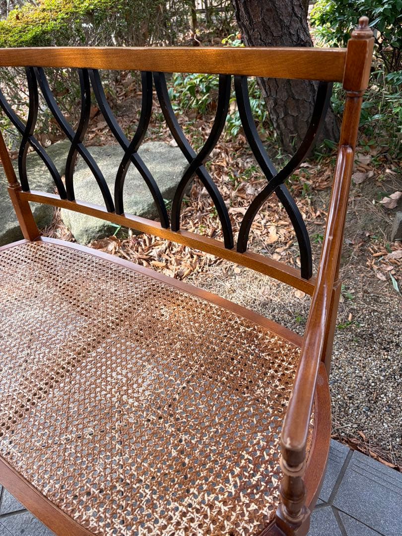 アンティーク 木製ラタンベンチ 2人掛け アールデコ アームチェア 椅子