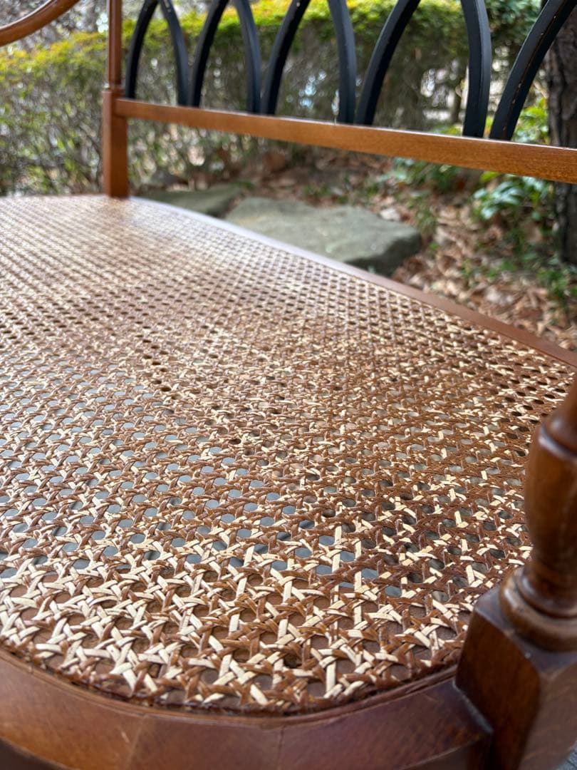 アンティーク 木製ラタンベンチ 2人掛け アールデコ アームチェア 椅子