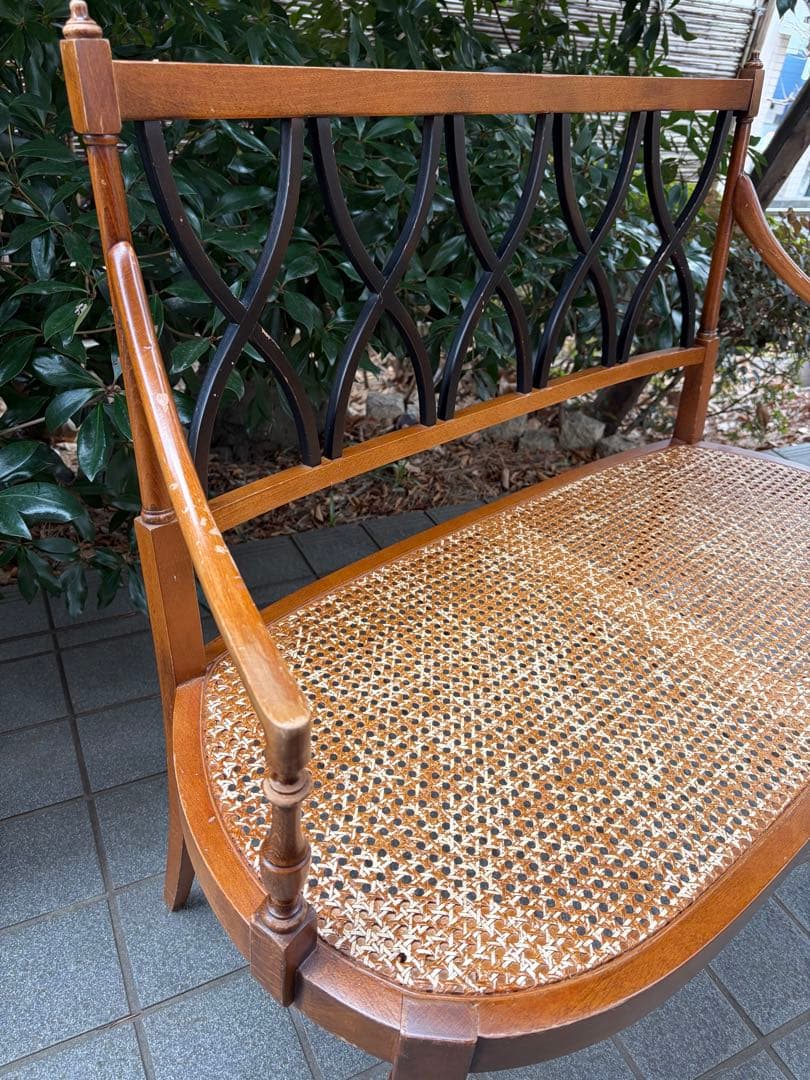 アンティーク 木製ラタンベンチ 2人掛け アールデコ アームチェア 椅子