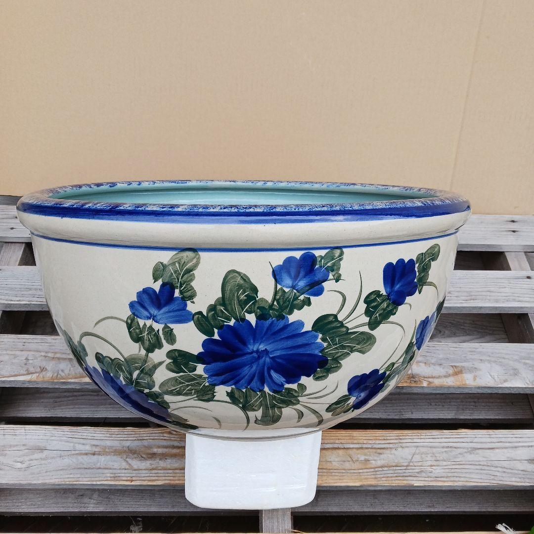 新品　∅50　陶器　睡蓮鉢　特大　メダカ鉢　難有　手書き絵　花柄　手造りLKB2