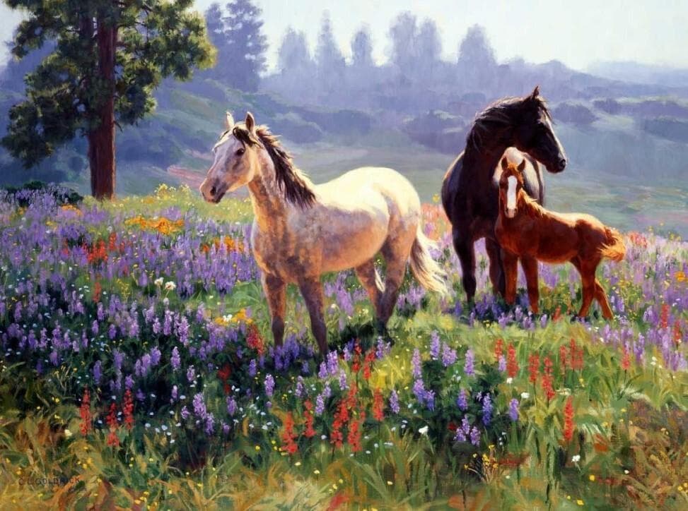 クレア・ゴールドリック ヴィンテージ ステンドグラス 草原の三匹の馬 風景 季節