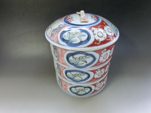 鉢■三段重鉢 赤絵 窓菖蒲 唐草紋 陶器 お重 古美術 時代物 骨董品■