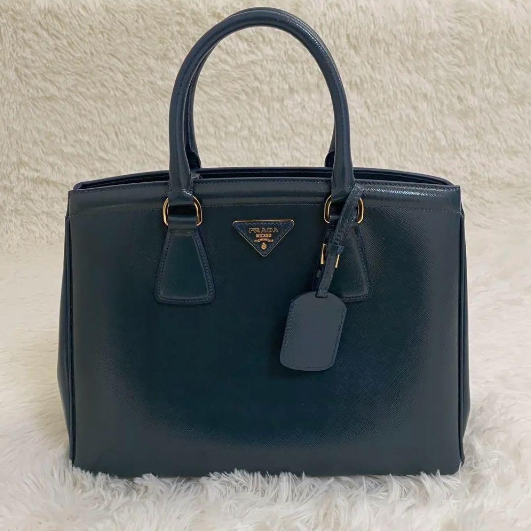 極美品 PRADA ガレリア サフィアーノ ハンドバッグ ブルー 三角ロゴ