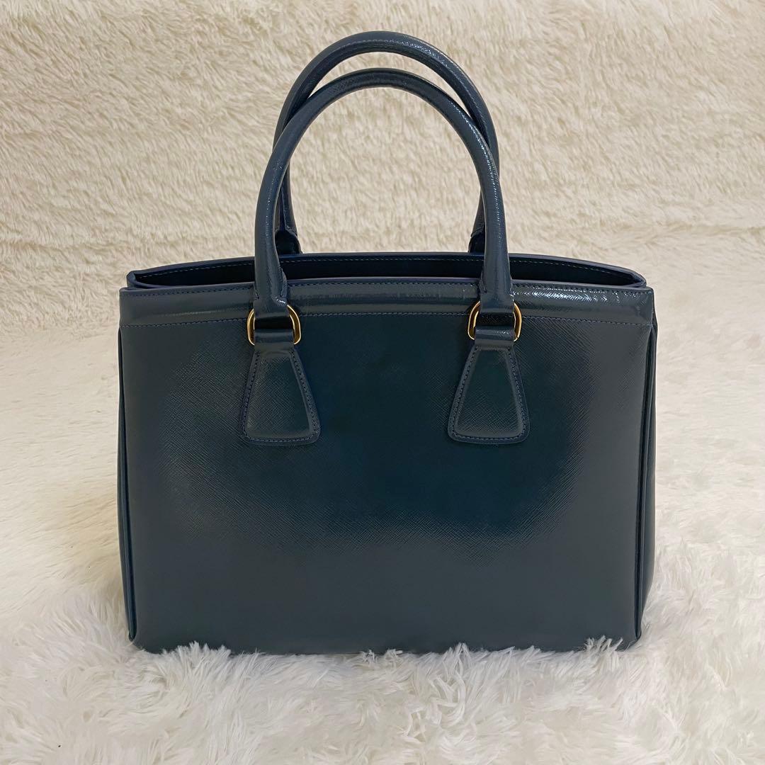 極美品 PRADA ガレリア サフィアーノ ハンドバッグ ブルー 三角ロゴ