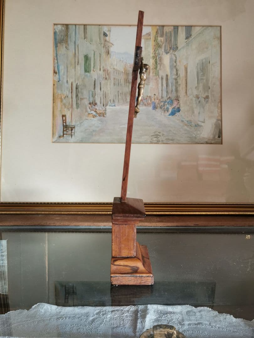 アンティークフランス/ベルギー ブロンズのキリストと十字架 杢目木製祭壇スタンド