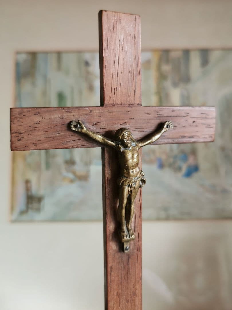 アンティークフランス/ベルギー ブロンズのキリストと十字架 杢目木製祭壇スタンド