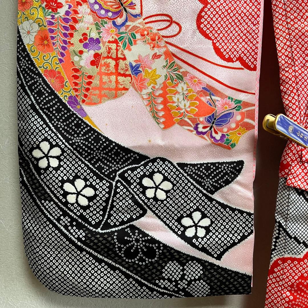 七五三　7歳着物セット　四つ身　祝い着　鈴蘭　絞り柄　赤ピンク黒＋緑