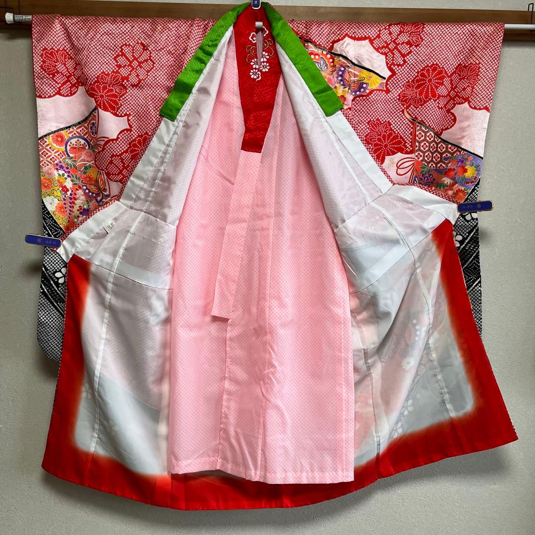 七五三　7歳着物セット　四つ身　祝い着　鈴蘭　絞り柄　赤ピンク黒＋緑