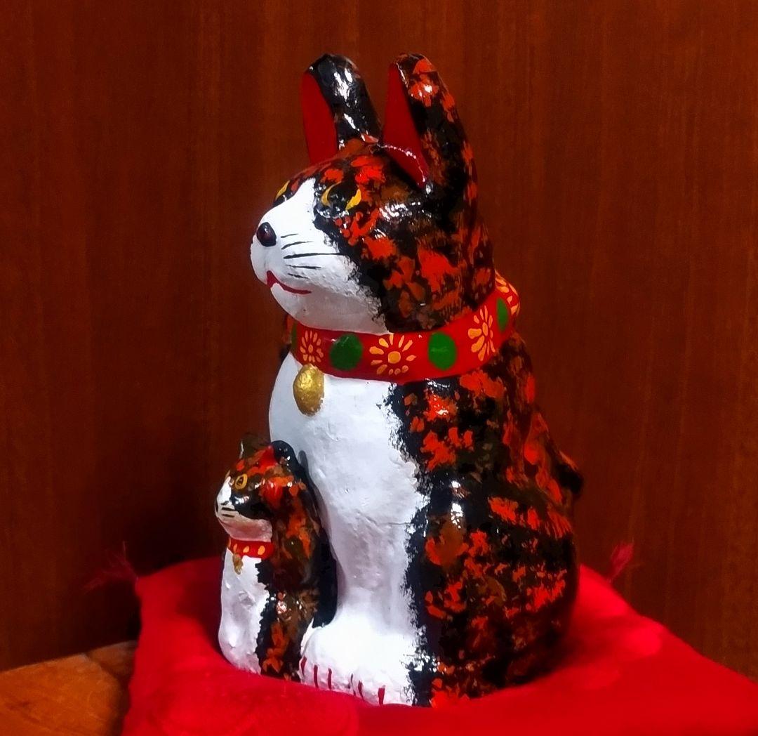 三河招き猫 親子猫 サビ猫＆クロ猫２点セット 土人形 美品