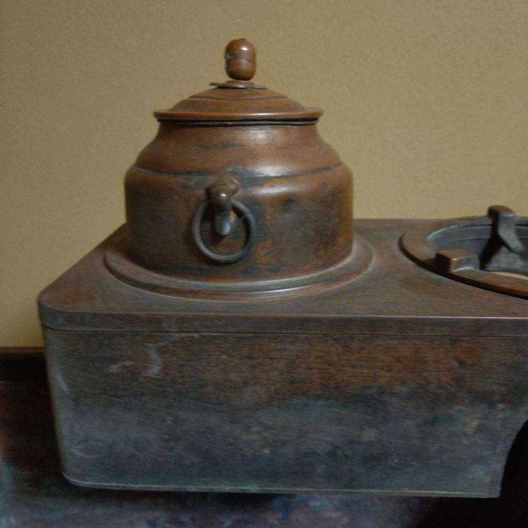 木製長火鉢 燗銅壺付 昭和レトロ 古民家 古道具 骨董品 おまけ火箸・煙管・灰掻