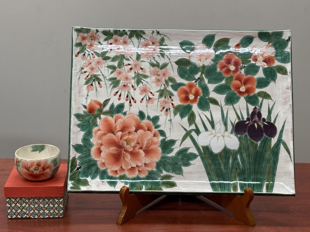 値下【一点物】京焼 清水焼 陶あん 色絵付け 飾り皿 約40cm×54cm 骨董