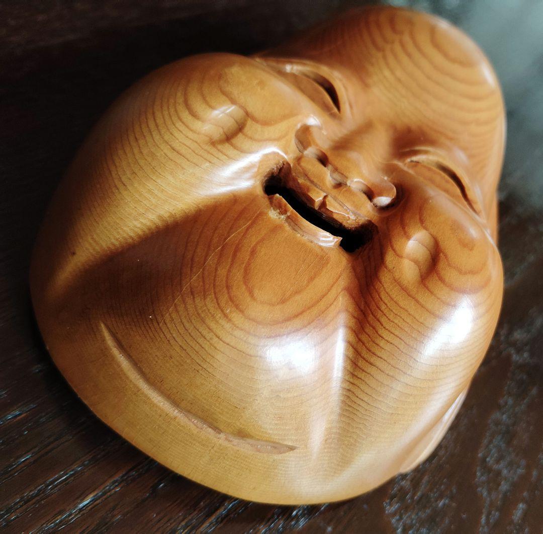 木製面　おかめ 　お多福　お福　木彫り　頬ぷっくり　鼻ぺちゃ　 エクボが可愛い面