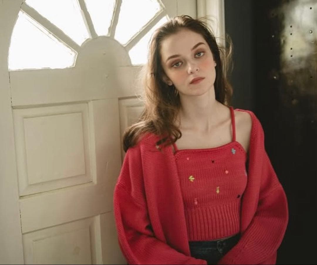 PINUE ハンドステッチニットキャミ&カーデセット　ピンク