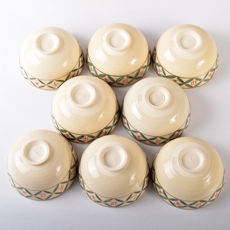 茶道具　京焼　杉田祥平造　色絵仁清　七宝干支図　茶碗　八客　共箱　MR7890B