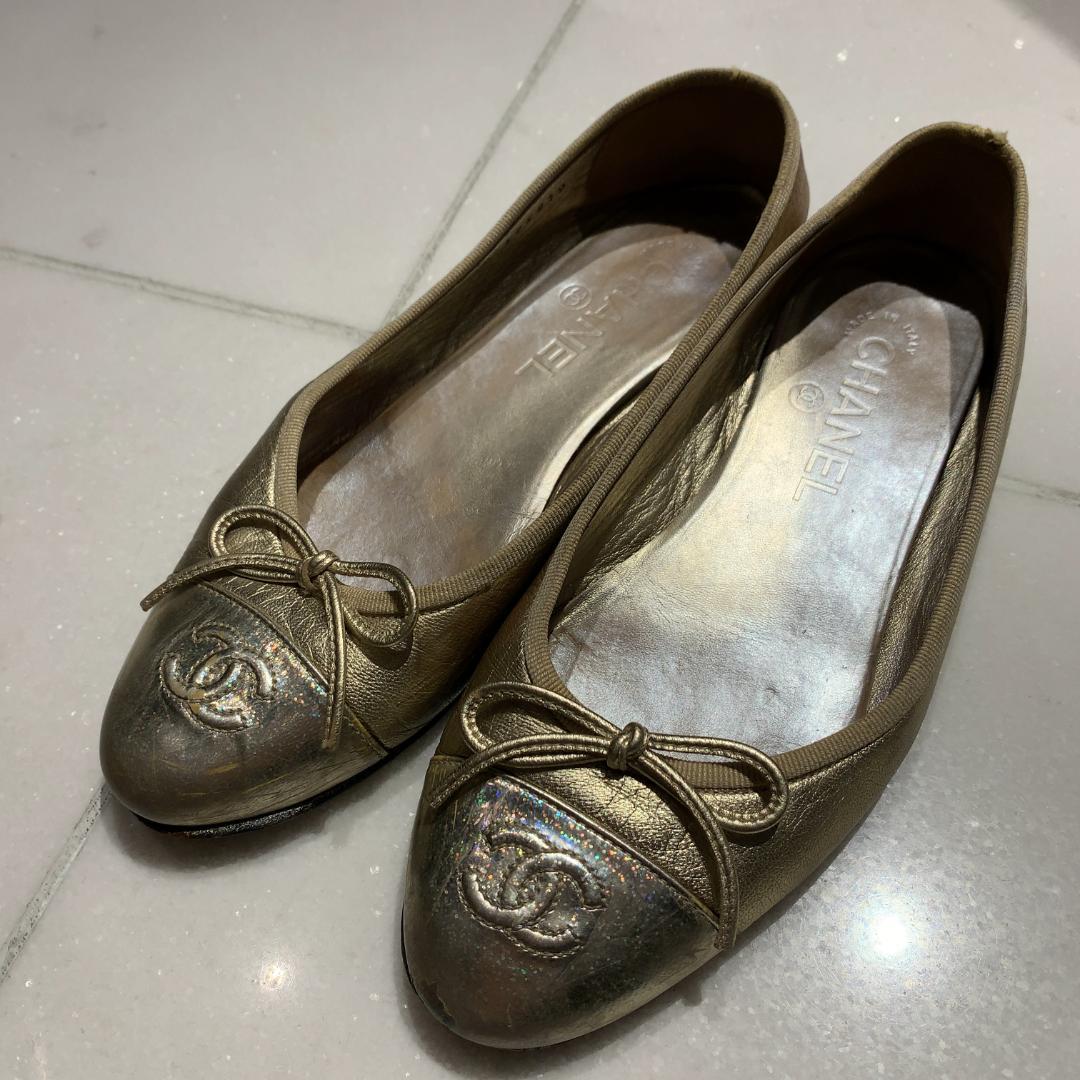 CHANEL シャネル バレエシューズ ゴールド CCロゴ フラット 24cm