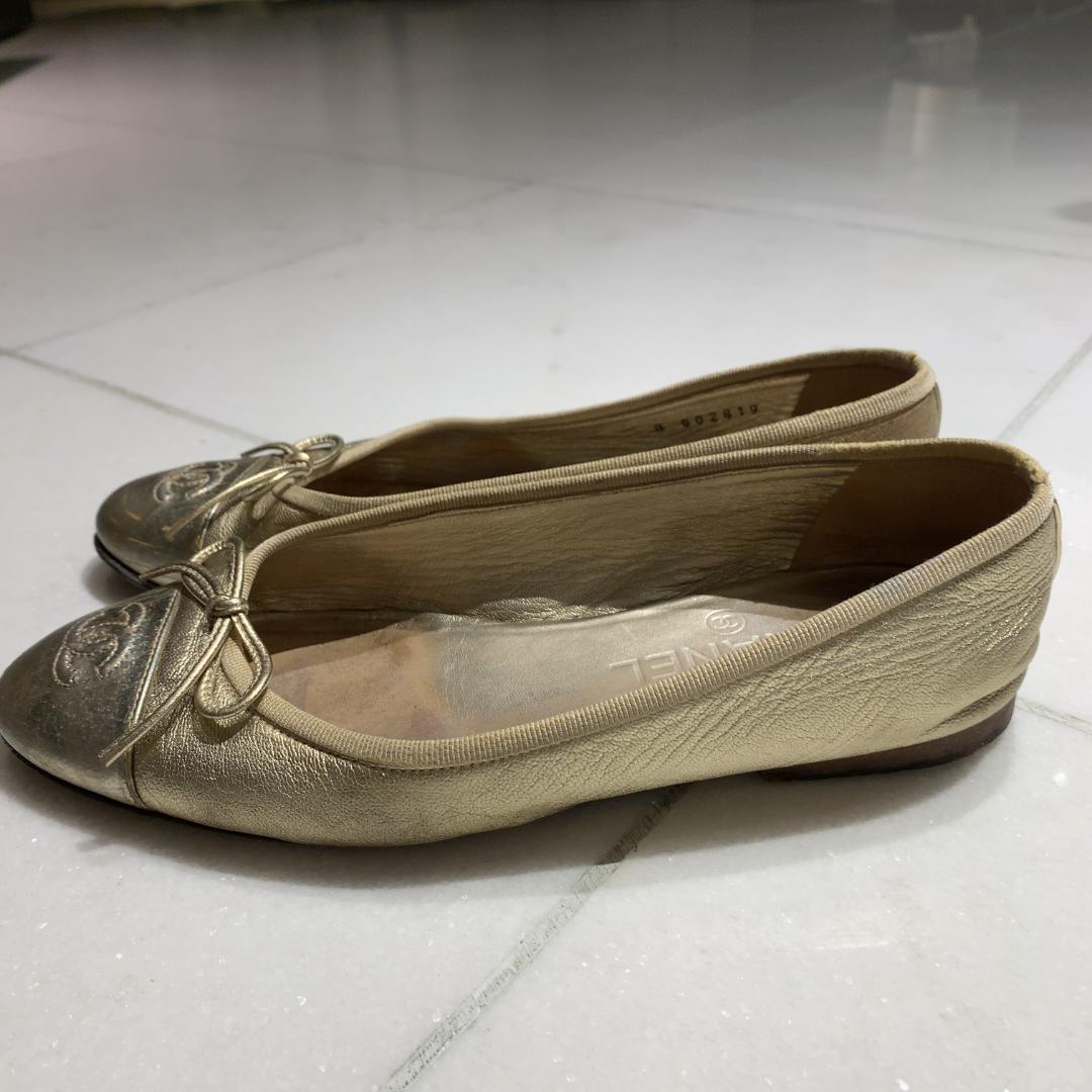CHANEL シャネル バレエシューズ ゴールド CCロゴ フラット 24cm