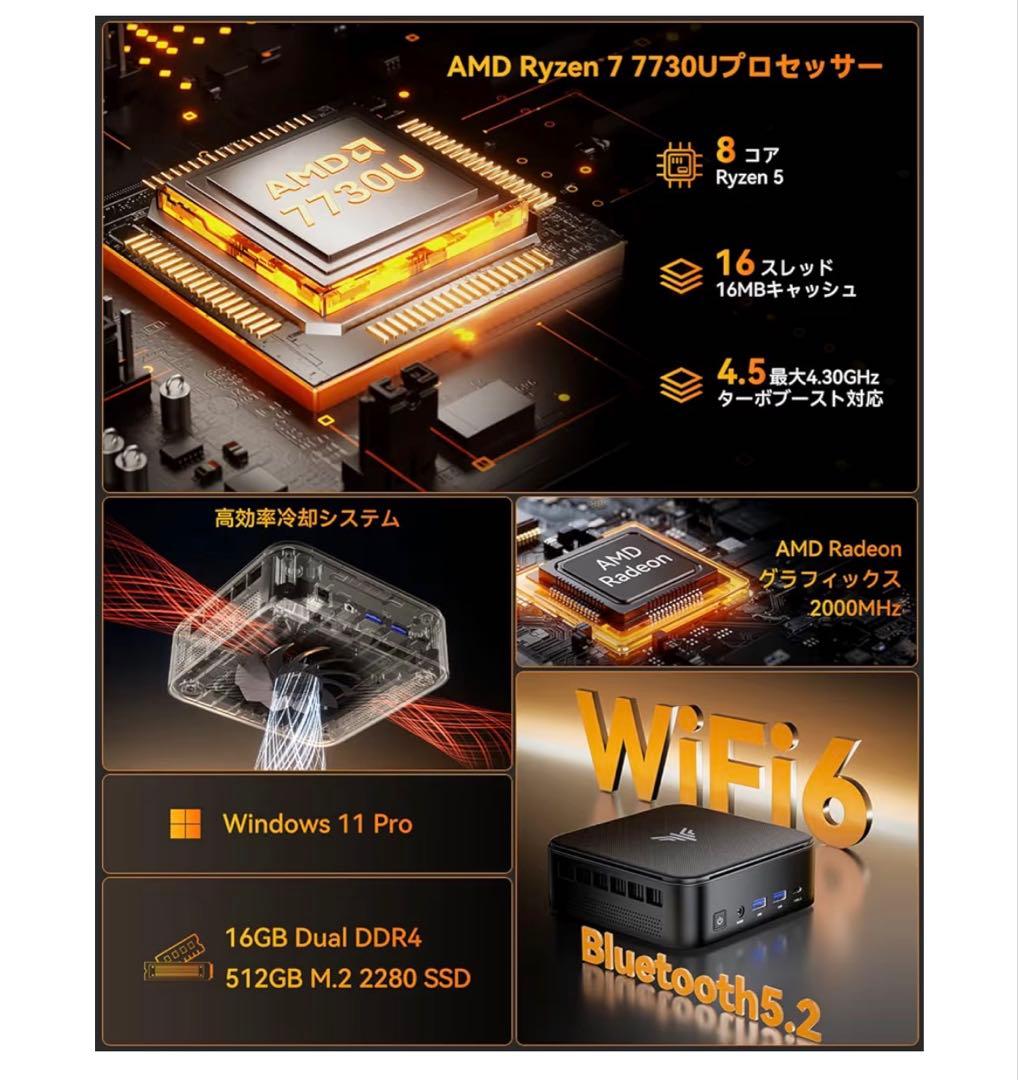 ミニpc Ryzen 7 7730U 8C/16T 最大4.5GHz