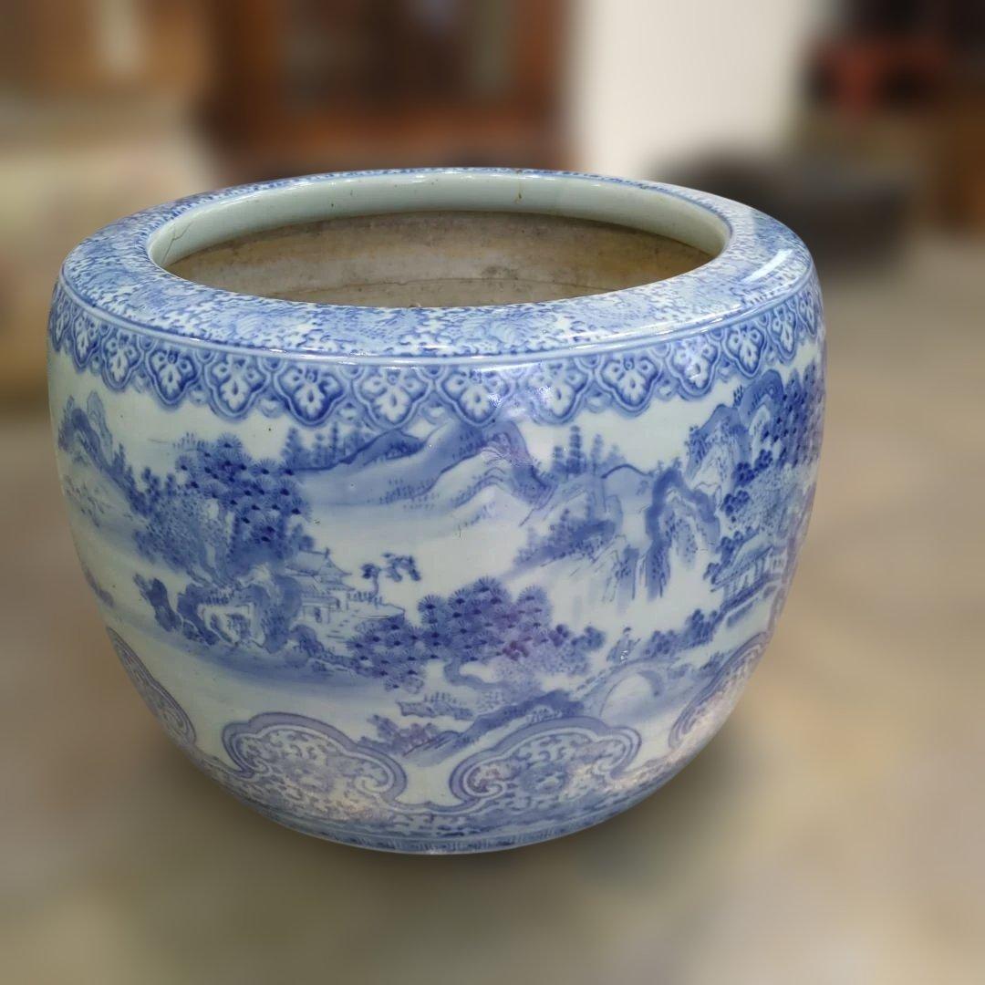 骨董　火鉢　伊万里　染め付け　テーブル　水鉢　金魚　めだか