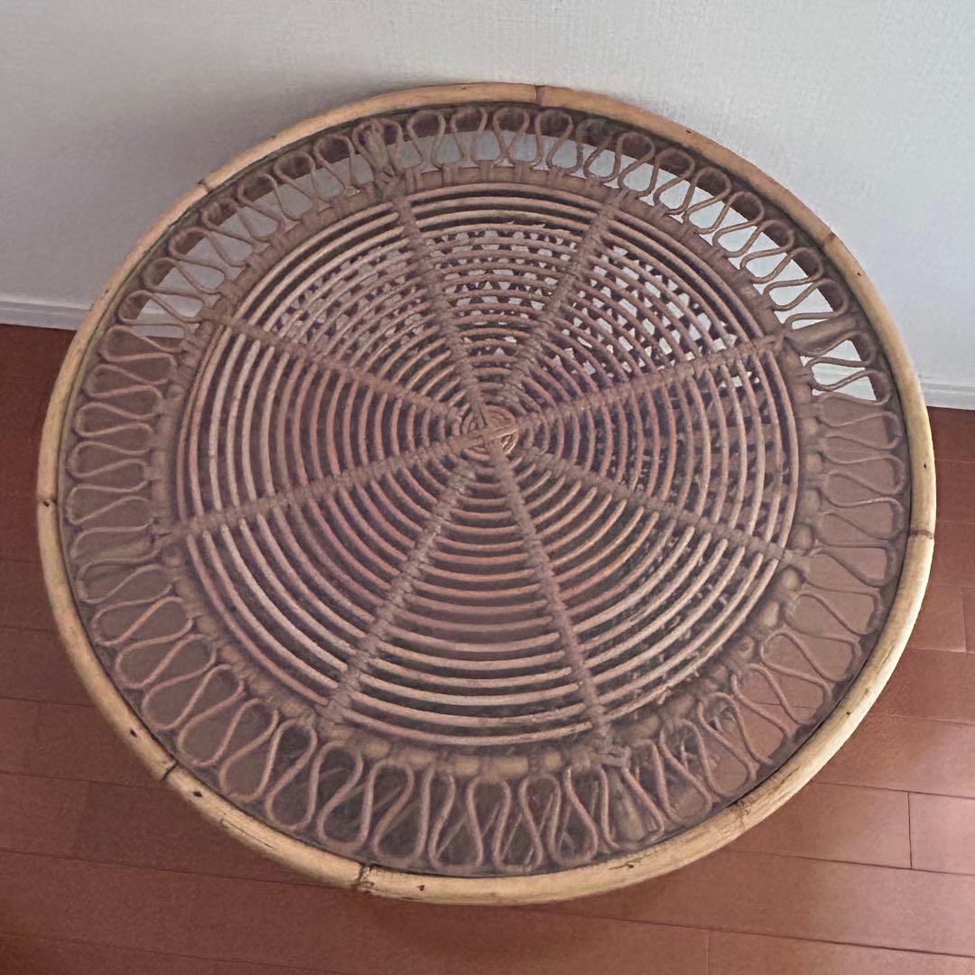 ラタン 円形 ガラス テーブル