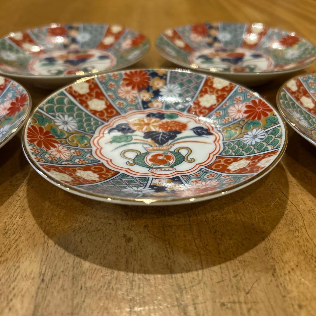 未使用品　有田焼　陶扇　小皿5枚揃え　銘々皿　錦絵　赤絵　金彩