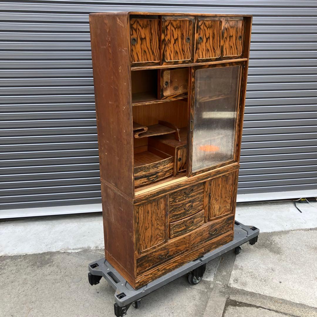 昭和レトロ 松永木工所 木製茶箪笥 茶棚 ガラス戸 サイドボード 古家具 古民家