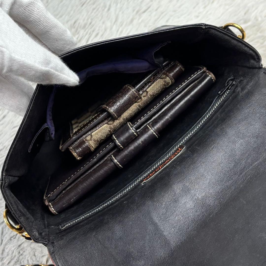 美品 イヴサンローラン レザー ショルダーバッグ フラップ ロゴ型押し ブラック