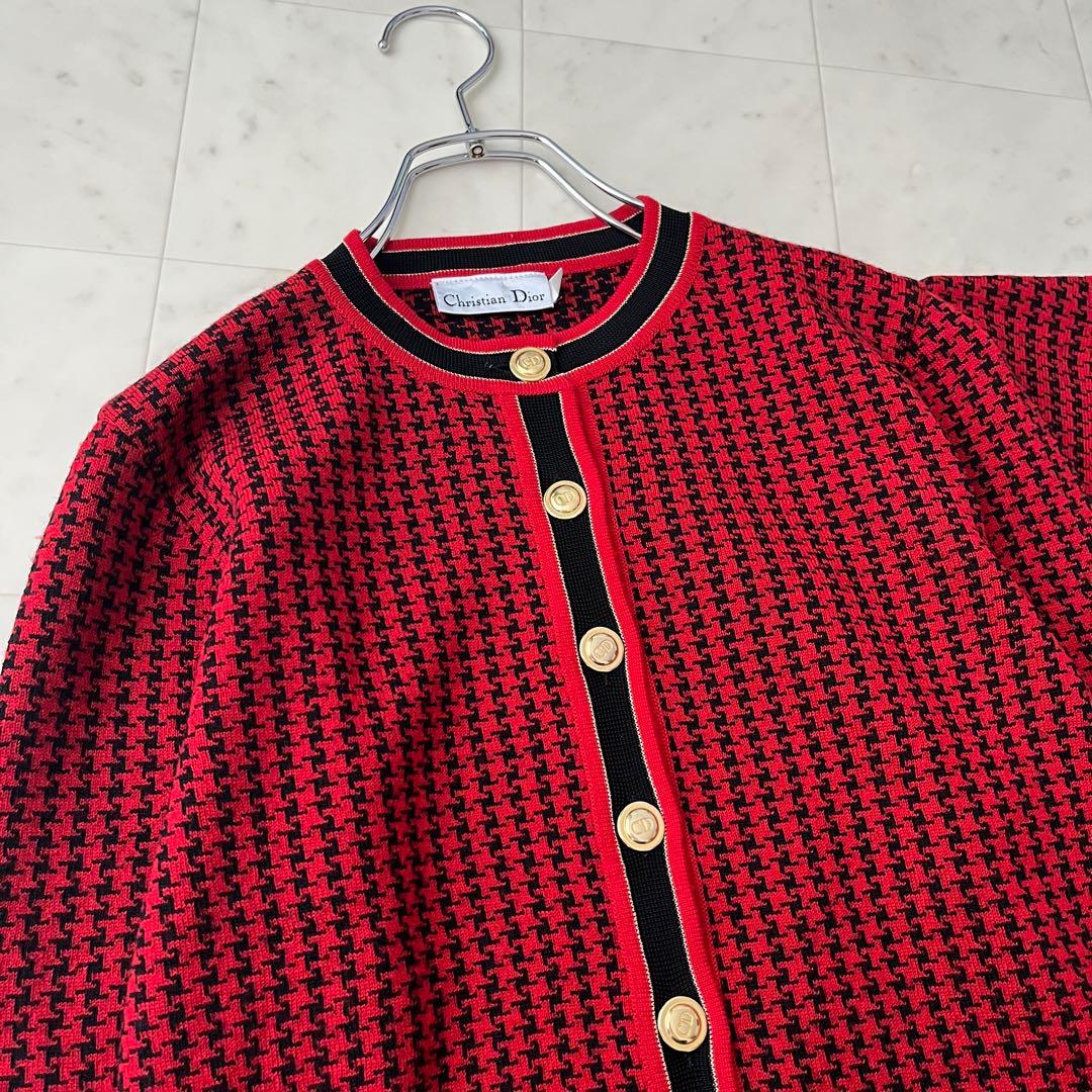 美品♡クリスチャンディオール ロゴ刺繍 千鳥格子 アンサンブル M レッド