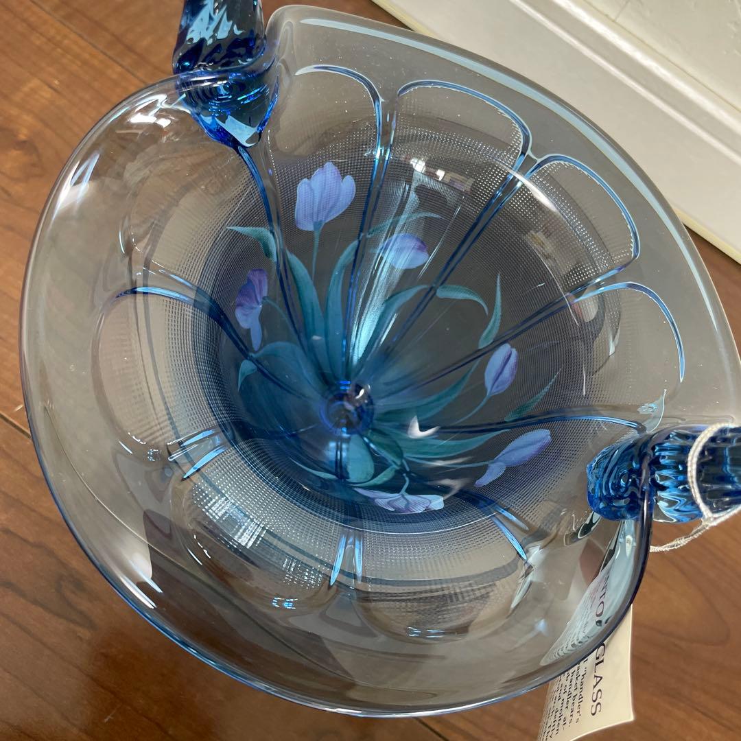 フェントン　ハンドペイント　ブルー チューリップ ガラス バスケット