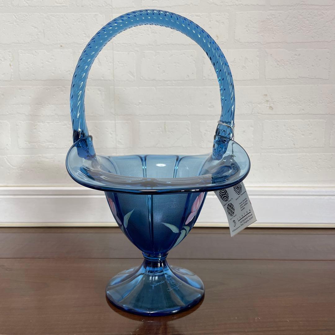 フェントン　ハンドペイント　ブルー チューリップ ガラス バスケット