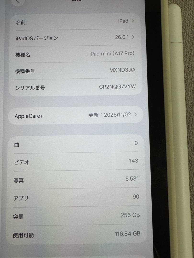 iPad mini 第7世代 スターライト256GB Apple care入り