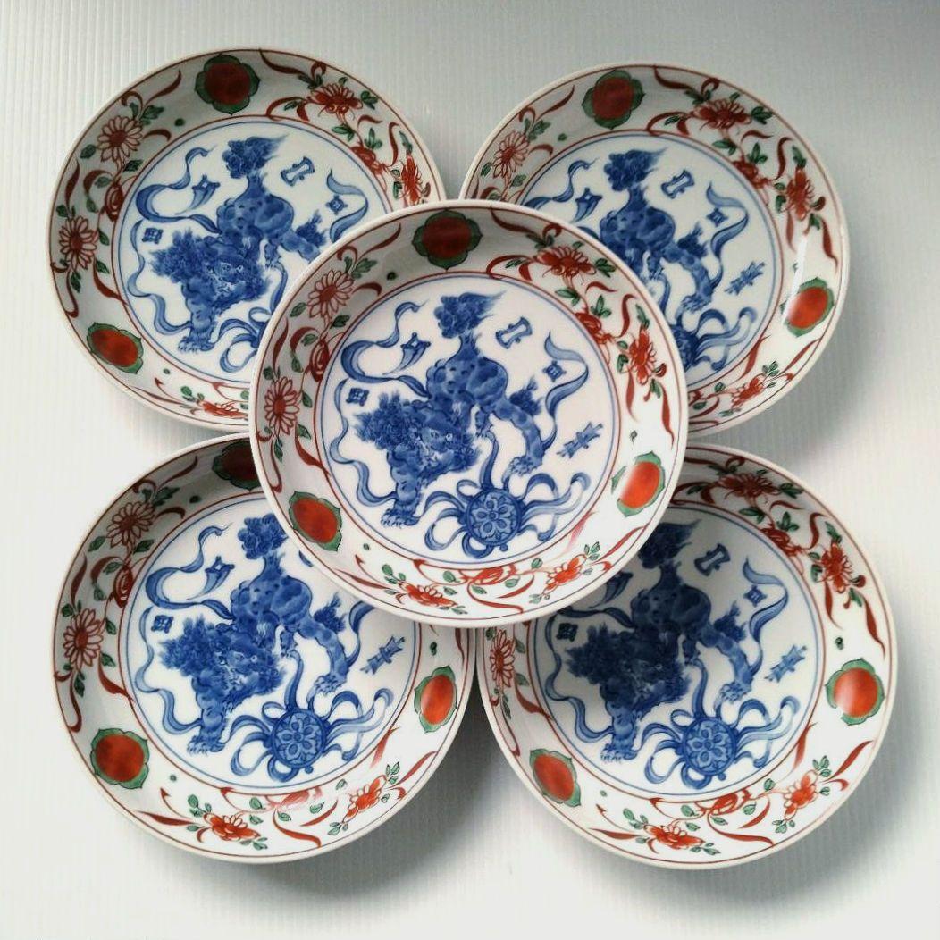 たち吉 橘吉 赤絵 草花丸紋 染付 獅子 古伊万里 中皿 和食器 深皿 5客揃