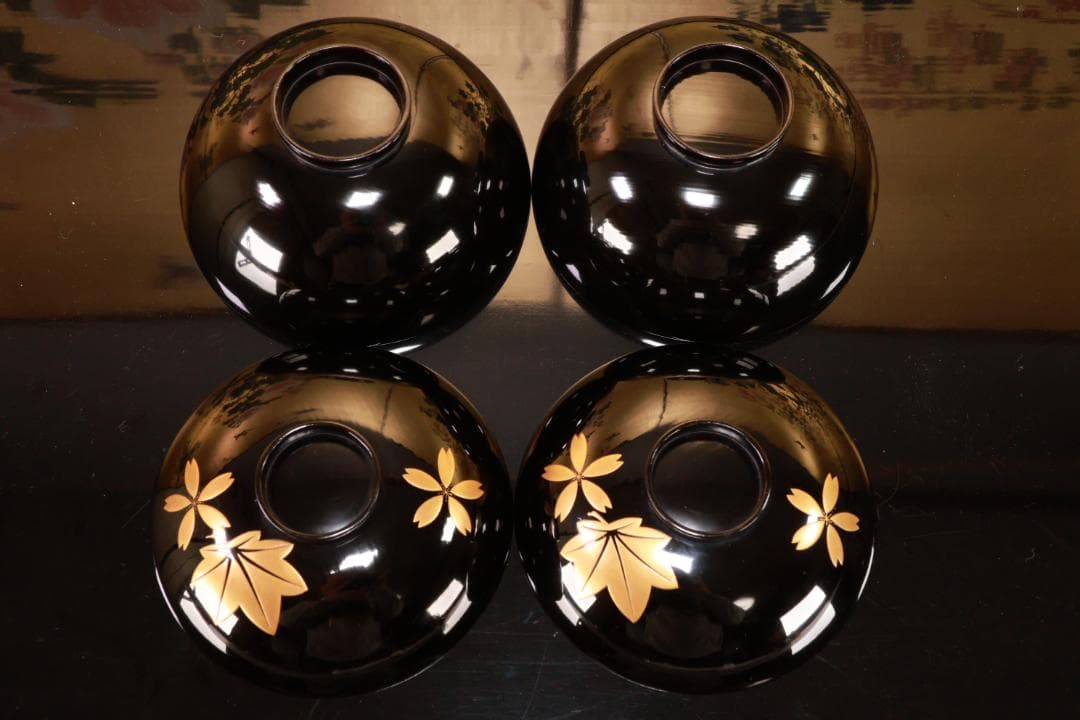 BJ111　時代輪島塗　流水紅葉桜図蒔絵　吸物椀　二客　木製　茶道具 懐石 会席