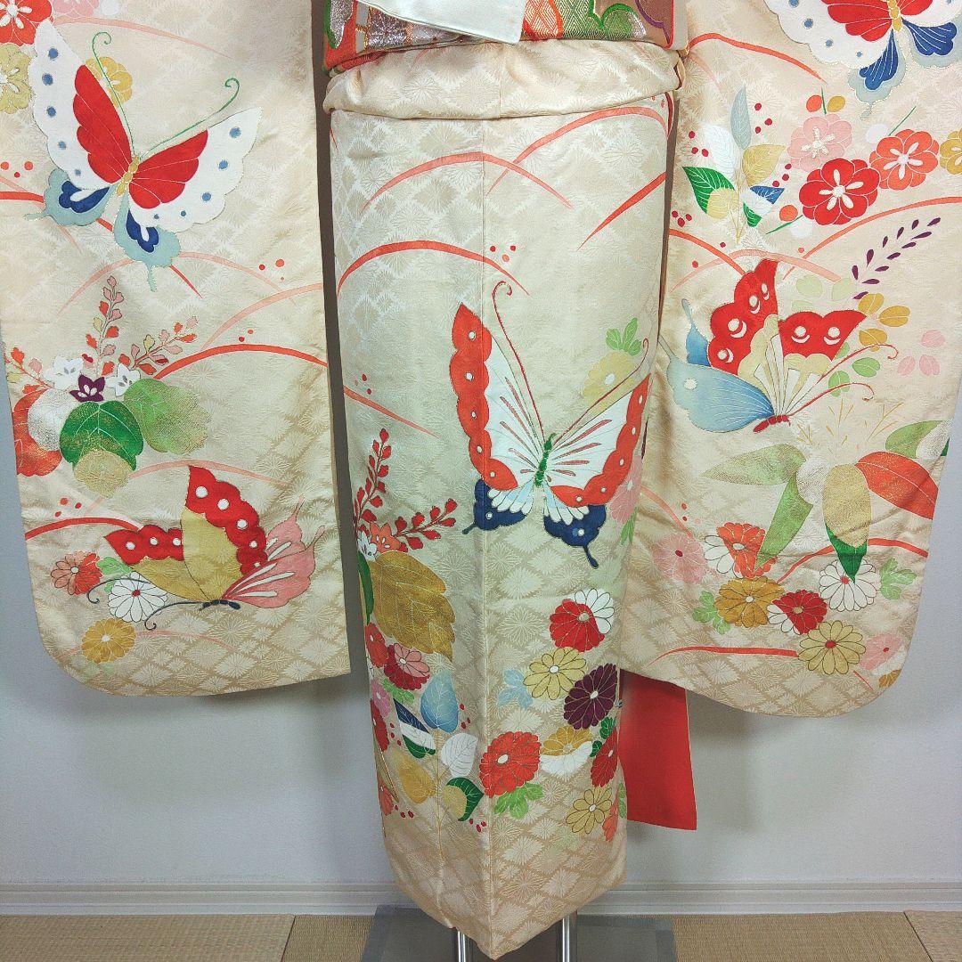 格安！　振袖フルセット　8点　成人式　結婚式　前撮り　蝶々　クリーム色　袋帯　白