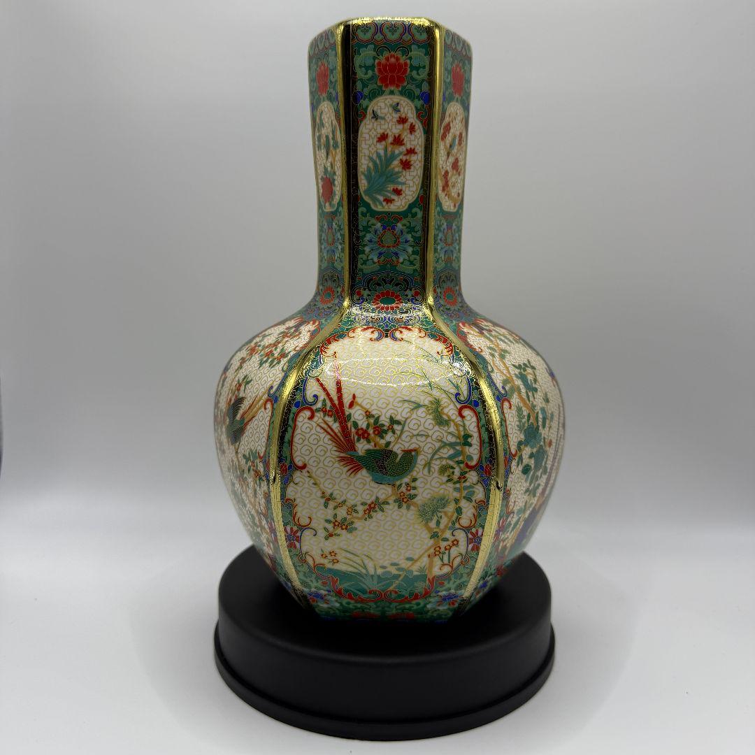 R106 彩色蒔金緑釉花鳥五稜梅瓶 花瓶（かびん）陶磁器 アンティーク