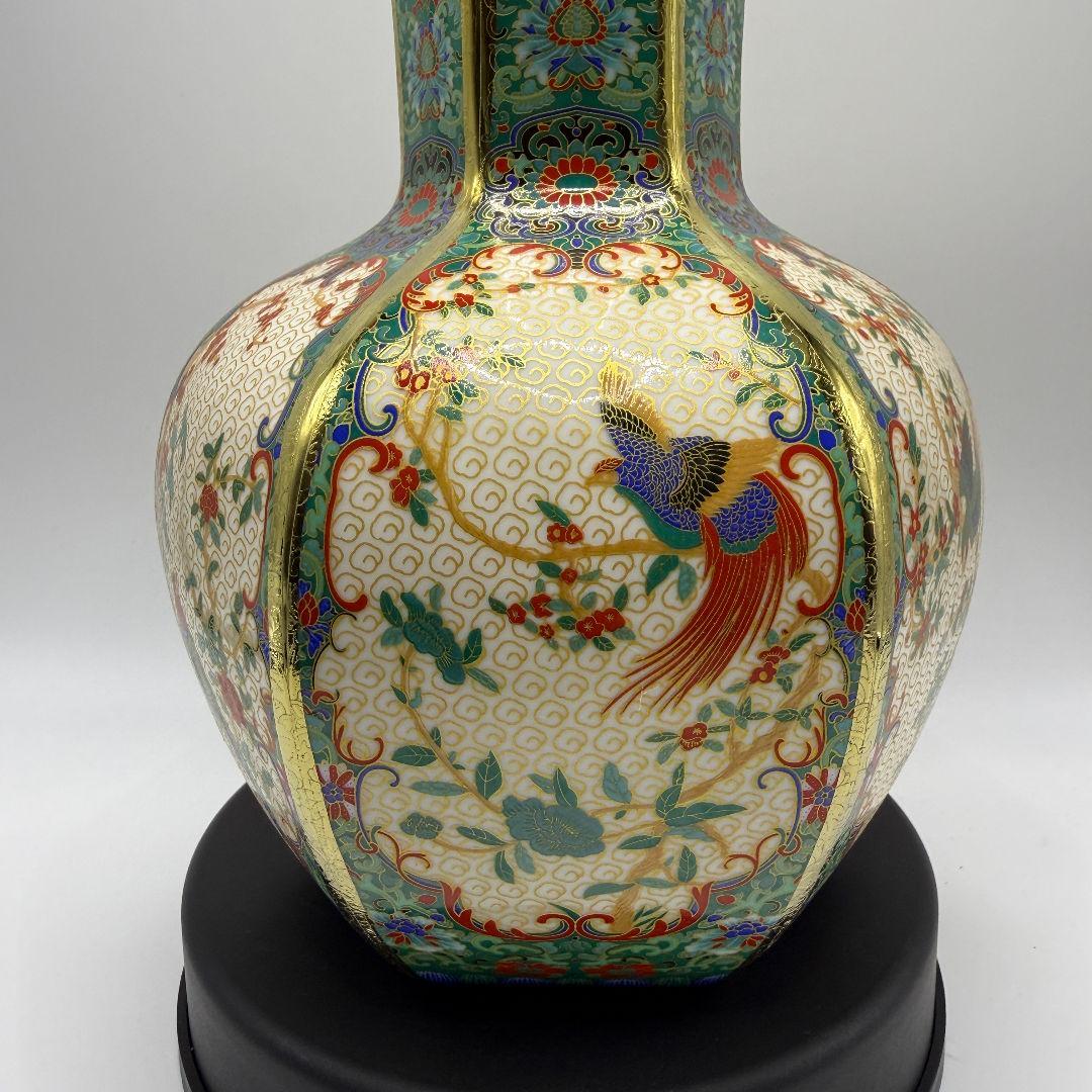 R106 彩色蒔金緑釉花鳥五稜梅瓶 花瓶（かびん）陶磁器 アンティーク